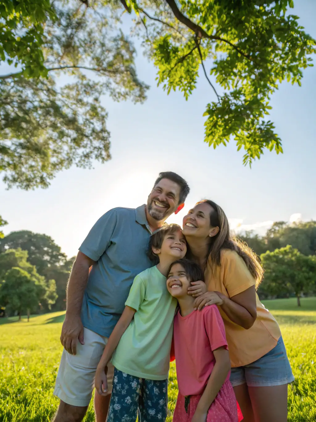 A happy family of four posing outdoors in a park during golden hour, used to represent family photography sessions.