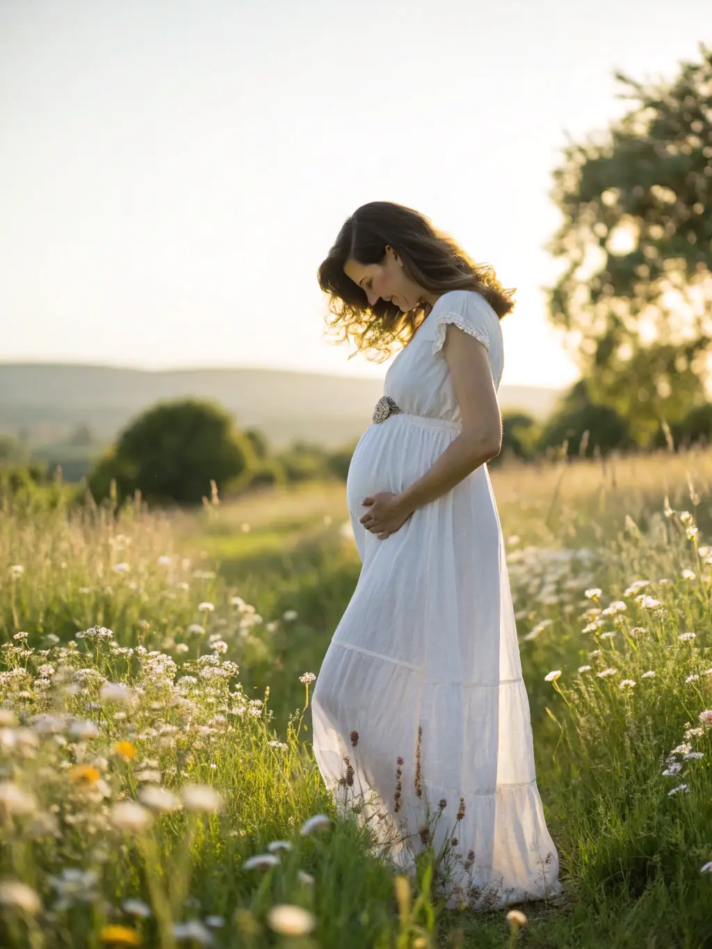 A pregnant woman holding her belly, standing in a field of flowers during sunset, used to represent maternity photography sessions.